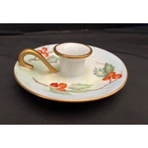 Vintage Candle Stick Holder Porcelain Hand Painted Gold Gilded Holly Berries